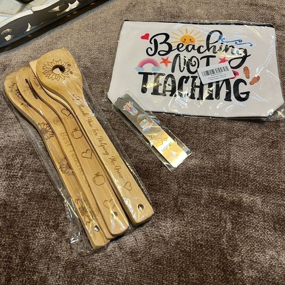 NWT Teacher Gift Bundle - Bookmark, cosmetic bag, wooden spoons